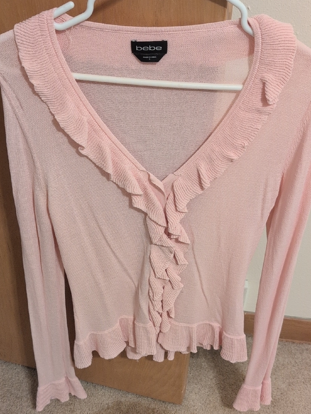 bebe Pale Pink Ruffle V-Neck Knit Cardigan